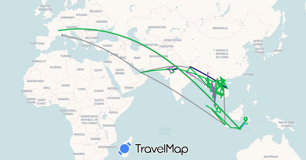 TravelMap itinerary: driving, bus, plane, train, hiking, boat in United Arab Emirates, France, Indonesia, India, Cambodia, Laos, Myanmar (Burma), Malaysia, Nepal, Singapore, Thailand, Vietnam (Asia, Europe)